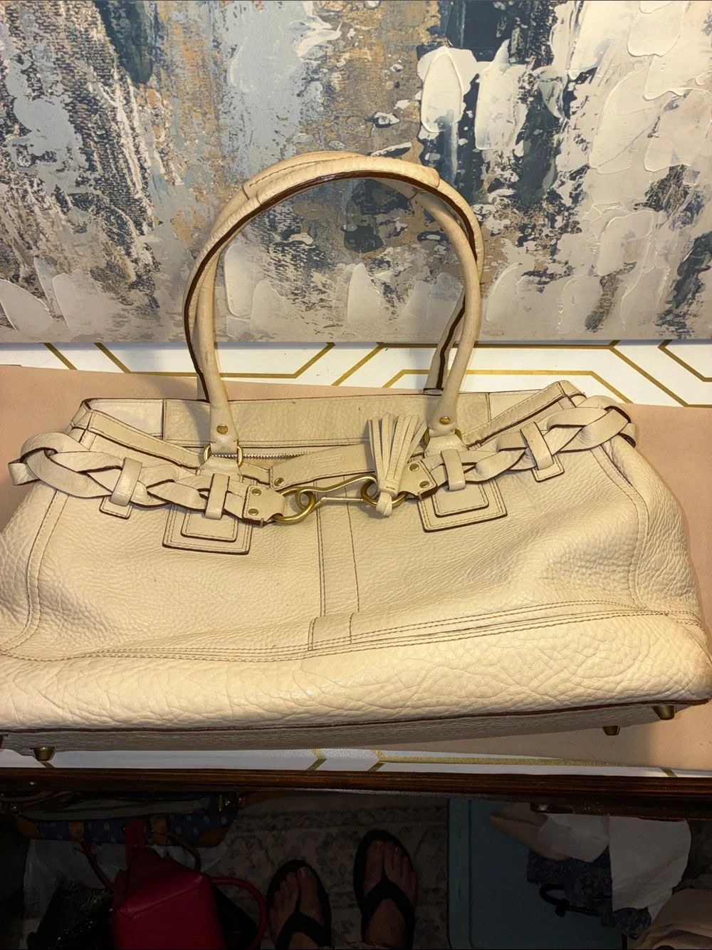 Genuine Vintage Coach Hampton 2006Cream Leather Tote with Braided Trim